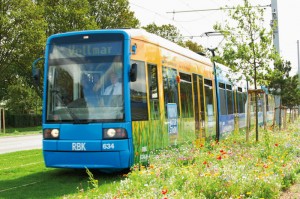 Bei zahlreichen Probefahrten testete die KVG die neue Schienentrasse, die über weite Flächen über Rasengleise führt. Entlang der B7/B83 blüht eine Sommerblumenwiese. Foto: KVG AG/Weidemann